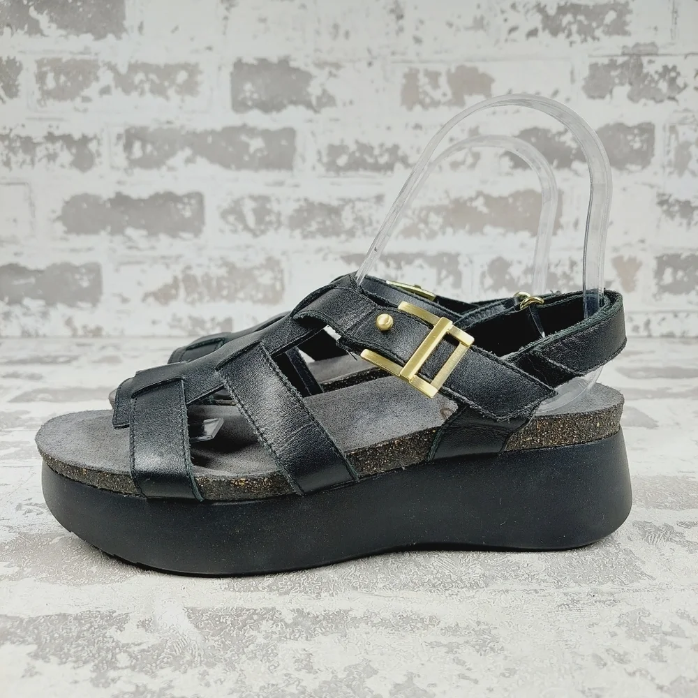New Munro Flynn Black Leather Strappy Platform Wedge Sandal D816